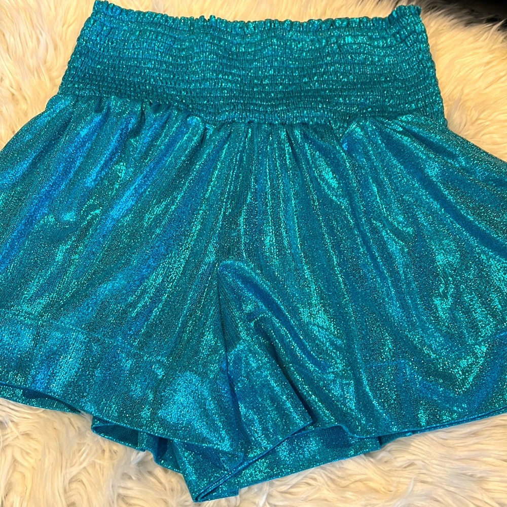 Shimmery Teal High-Waist Women's Shorts